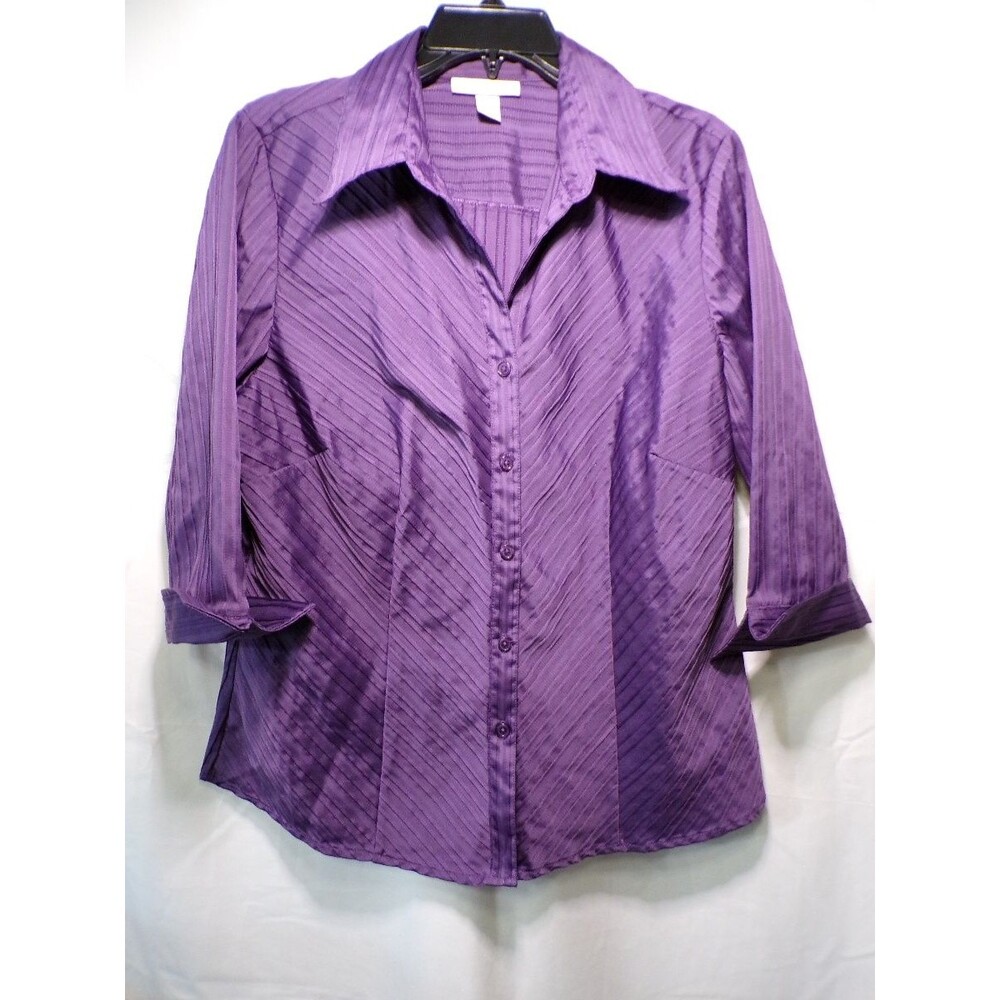Dressbarn Women's Purple Chevron Blouse Button Front Collared XL 3/4 Sleeve